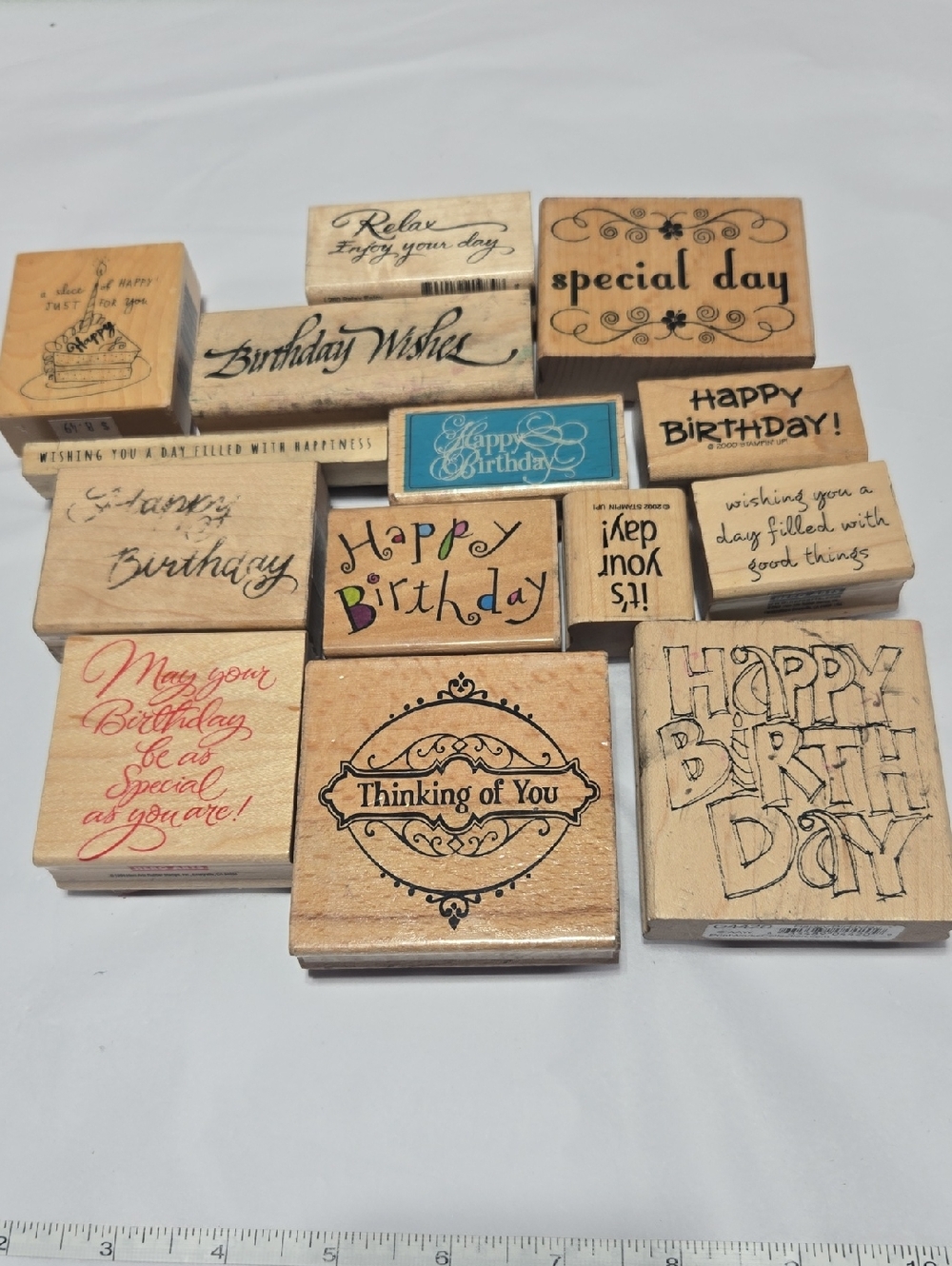 Lot 32- Assorted Wooden Birthday & Sentiment Rubber Stamps - Natural Wood